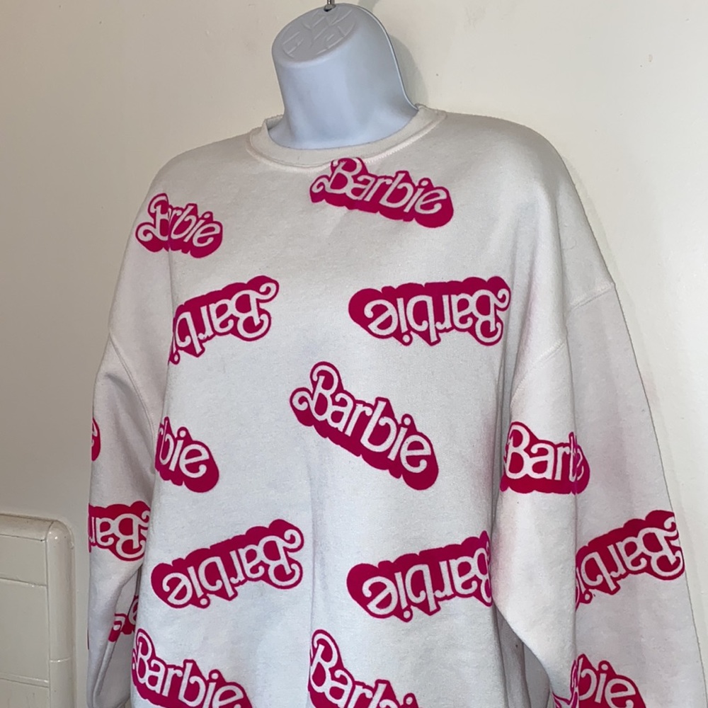 Zara Girls 13/14 Barbie White Crewneck Sweatshirt w/Hot Pink “Barbie” Logo - Picture 4 of 11